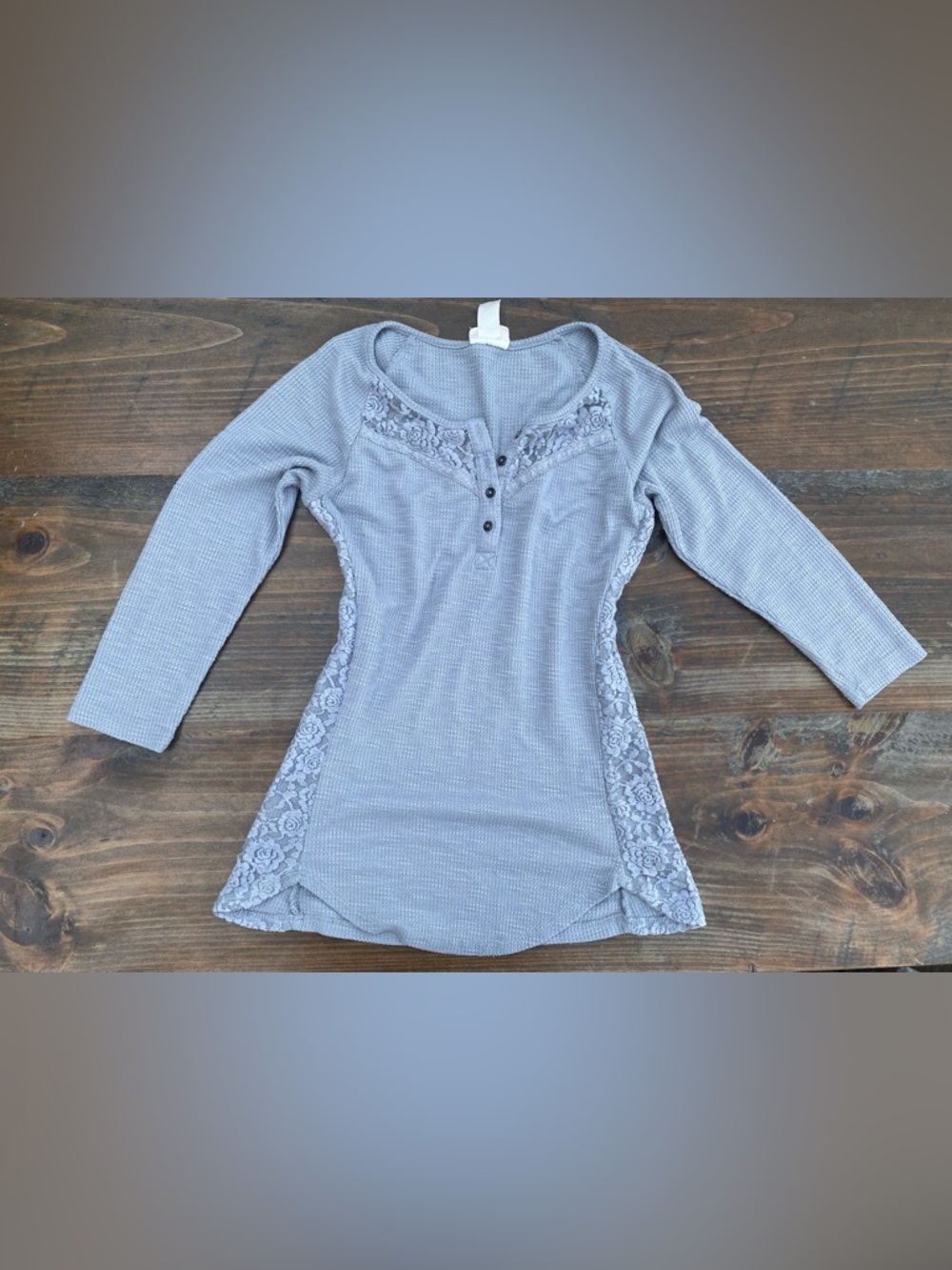 Vintage Y2K Self Esteem Lace-Panel Light Grey Henley Top Size Medium